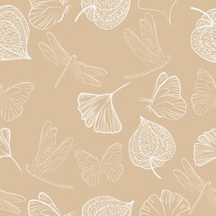 Fototapete Beigefarbene Muster Physalis Schmetterling und Ginkgo Muster  © NATALIIA TOSUN