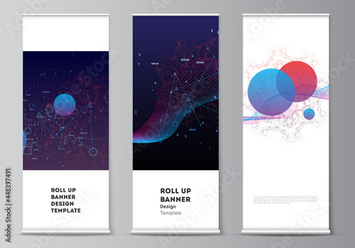 Vector layout of roll up mockup templates for vertical flyers, flags design templates, banner stands, advertising. Artificial intelligence, big data visualization. Quantum computer technology concept.