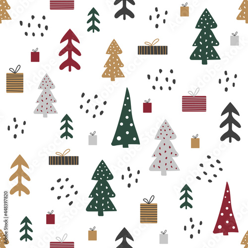 Cartoon seamless pattern with houses and trees, Christmas mood. Creative background for packaging, fabric, textile, wallpaper, clothing. Vector illustration	