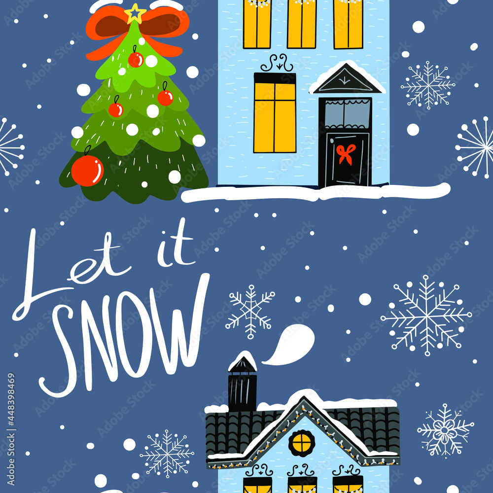 Seamless pattern hand drawing with snowy blue house, christmas tree, christmas toys, lettering let it snow
