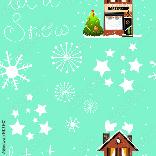 Seamless pattern hand drawing with snow-covered barbershop house  christmas tree  lettering let it snow
