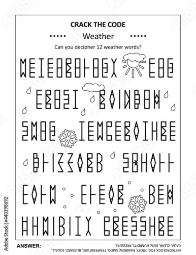 Crack the code word game, or codebreaker word puzzle, with various weather related words and mirrored letters cipher. Answer included.
