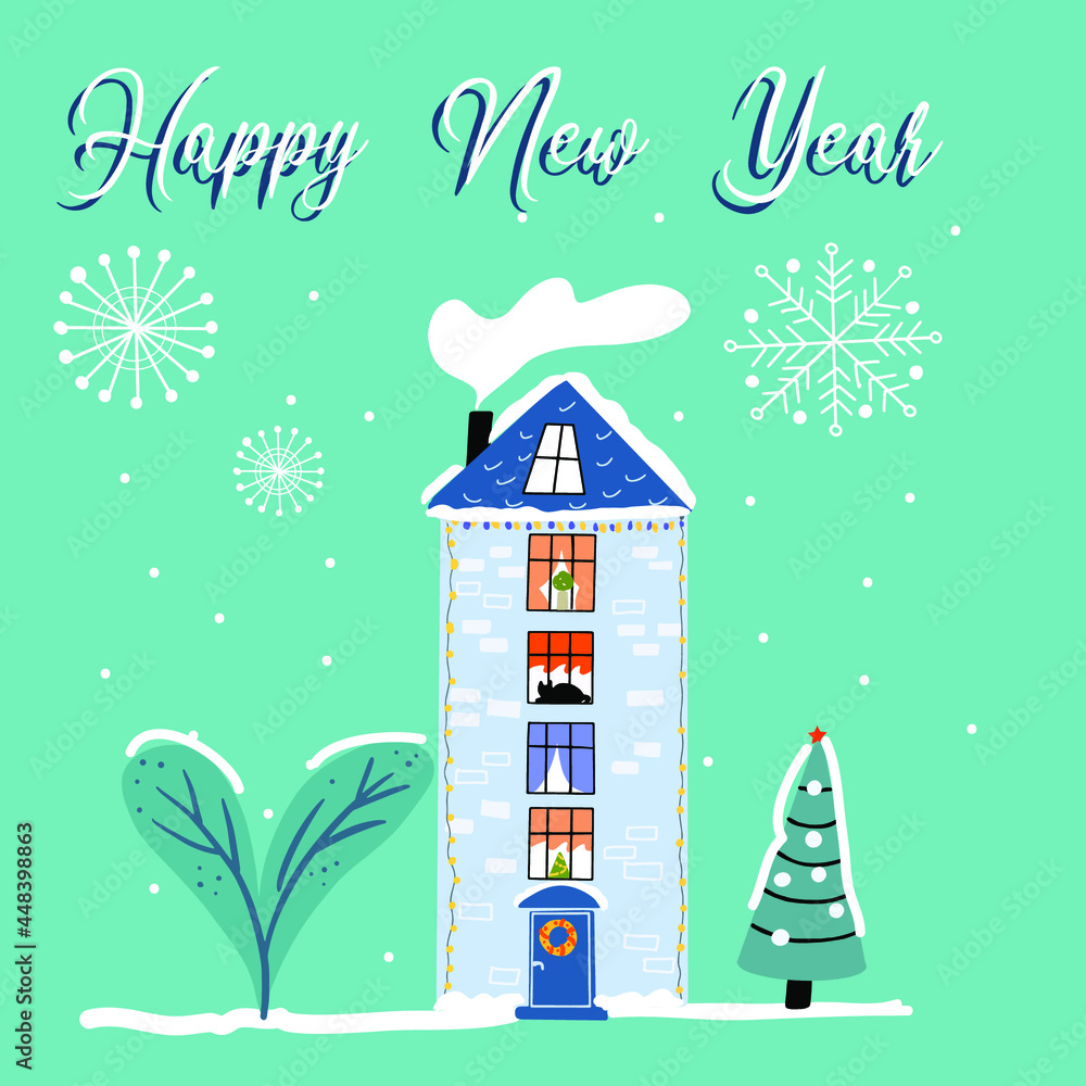 Snow-covered house four floors, hand drawing, christmas, pine, fir tree, snow falls, snow-covered tree, snowflakes, inscription happy new year
