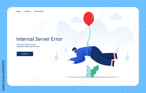 Modern Flat Design Concept, Man Flying By Balloon. Internal Server Error For Website And Mobile Site. Empty State