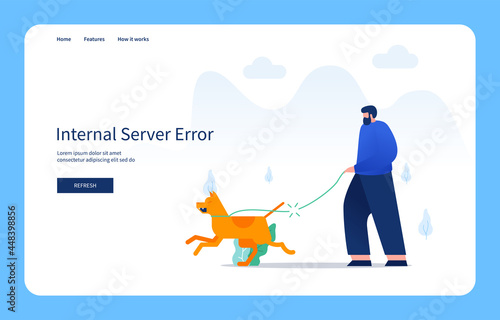 Modern Flat Design Concept, Man Walks With Dog Then The Leash Breaks. Internal Server Error For Website And Mobile Site. Empty State