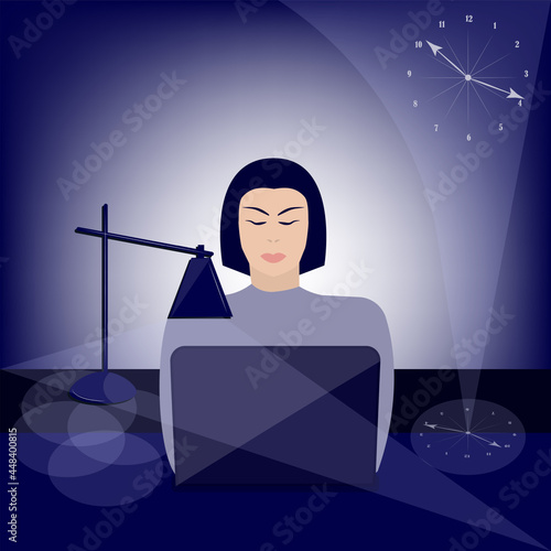 Freelancer works at a computer, desk lamp - vector. At night, late in the evening. Internet addiction. Doom scroll.
