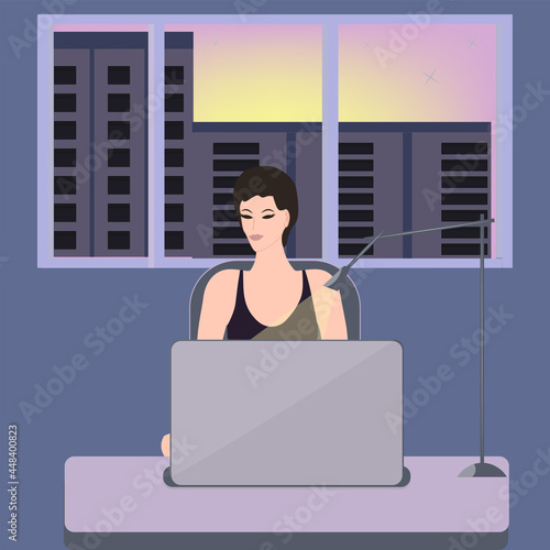 A woman works at a computer, outside the window is a night city - vector. At night, late in the evening. Internet addiction. Doom scroll.