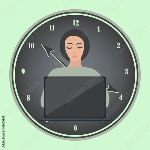 The girl at the computer works on the background of the wall clock - vector. At night, late in the evening. Internet addiction. Doom scroll.