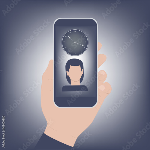 Smartphone in hand, wall clock - vector. Don't depend. At night, late in the evening. Internet addiction. Doom scroll.