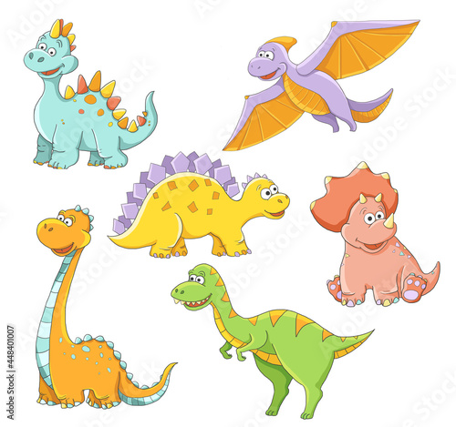 Cute childish cartoon colorful dinosaur dino blue green orange yellow pink coral girl boy funny isolated on white background