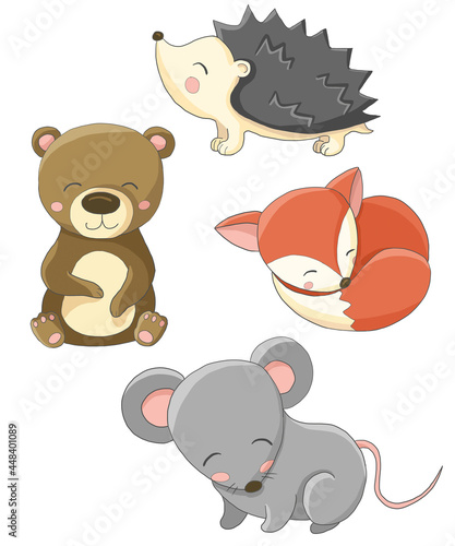 Children cute baby forest animals cartoon  squirrel mouse mice bear fox hedgehog colored isolated on white background