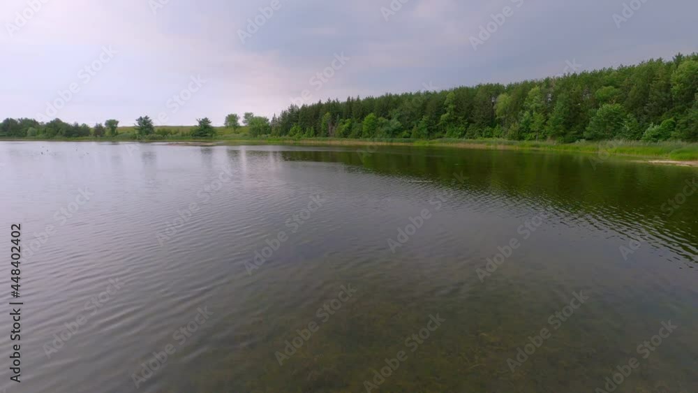 Ripples on shallow lake near marsh and forest under overcast sky. Ripples on shallow lake near marsh and forest under overcast sky.