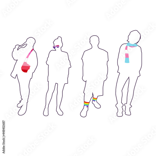 LGBT accessorizes on silhouettes of people in Cartoon style, vector silhouettes of men and women with LGBT elements on white isolated background, concept of LGBT rights, Diversity, Solidarity.