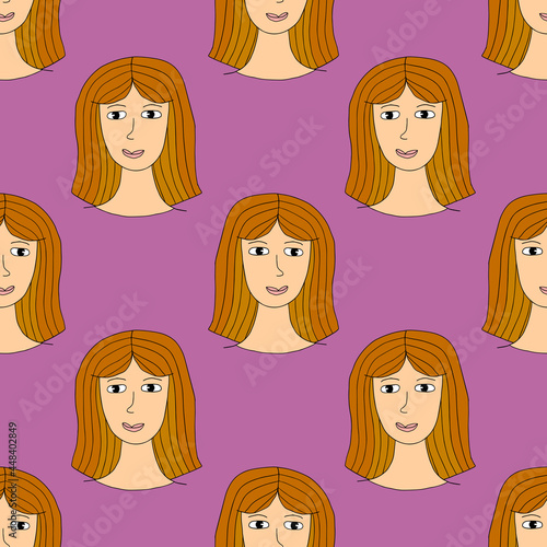 Cute cartoon abstract doodle girl portrait seamless pattern. Woman face background.