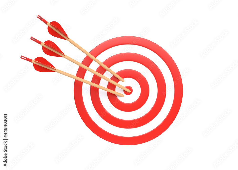 Archery target with three arrows isolated on white background. Dartboard and bullseye. Business success, investment goal, aim strategy, achievement focus concept. 3d render illustration Archery target with three arrows isolated on white background. Dartboard and bullseye. Business success, investment goal, aim strategy, achievement focus concept. 3d render illustration