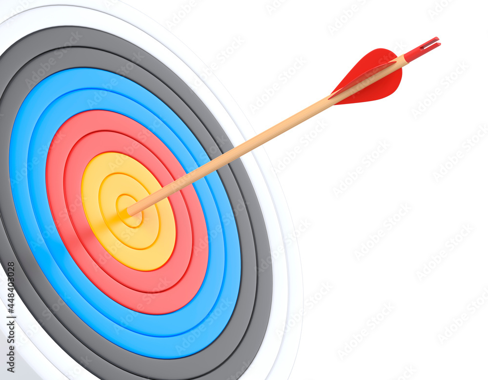 Arrow hit to center of dartboard isolated on white background. Archery target and bullseye. Business success, investment goal, aim strategy, achievement focus concept. 3d render illustration Arrow hit to center of dartboard isolated on white background. Archery target and bullseye. Business success, investment goal, aim strategy, achievement focus concept. 3d render illustration