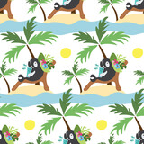 seamless repeating pattern with whales, suns and palm trees