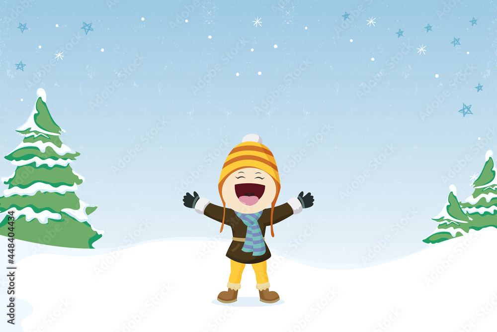 Naklejka premium Happy kids playing in the snow fall cartoon vector illustration