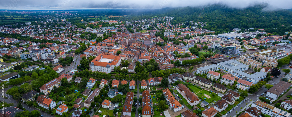 Aerial view of the old town of Ettlingen beside Karlsruhe in Germany. On a cloudy day in spring