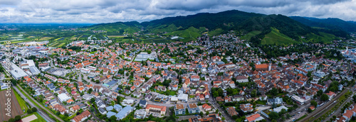 Aerial view of the old town of Oberkirch in Germany. On a cloudy day in spring
