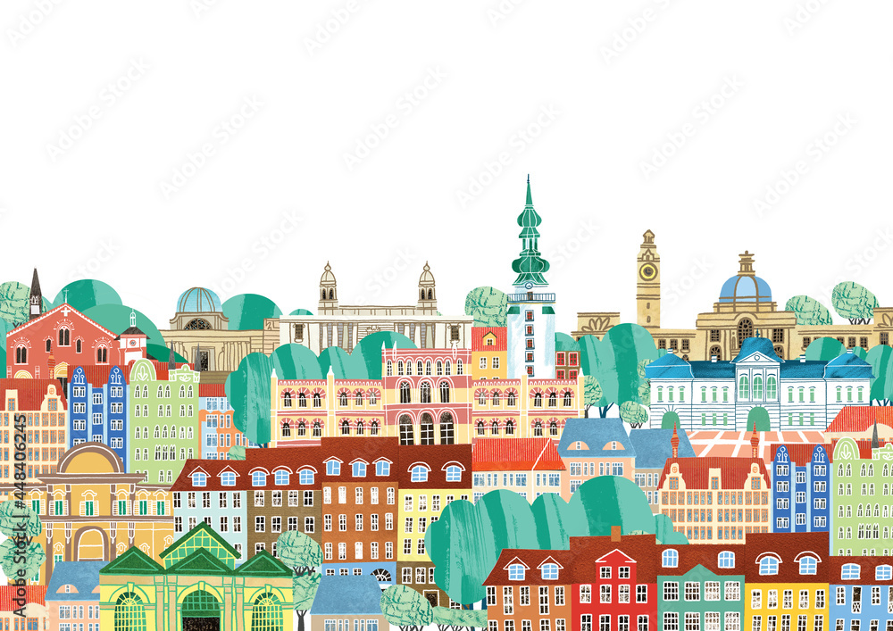 European cityscape isolated on white background.