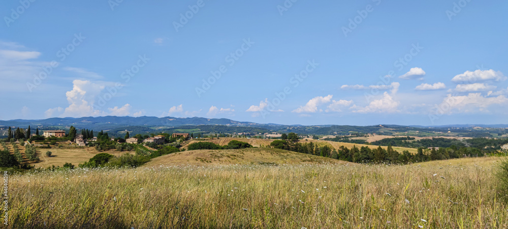 Extra wide view of the Tuscan hills with Siena in the background