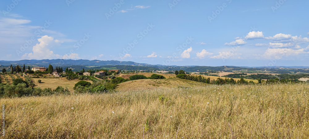 Extra wide view of the Tuscan hills with Siena in the background