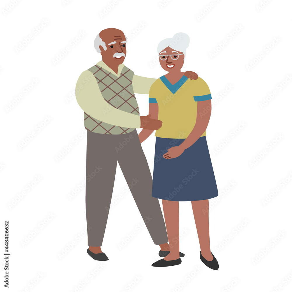 Elderly afroamerican couple. Old african american man and woman. Cartoon flat design illustration. Happy family. Vector picture isolated on white background. Elderly afroamerican couple. Old african american man and woman. Cartoon flat design illustration. Happy family. Vector picture isolated on white background.