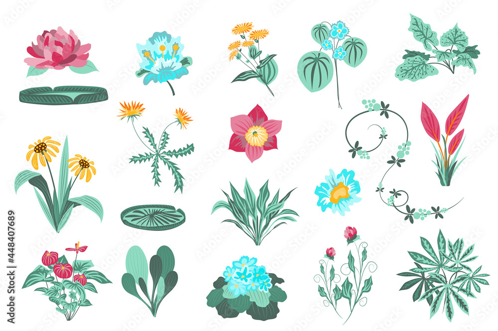 Flower and plants isolated set. Garden and wild foliage, green leaves, blooming wildflowers, flowering plants, beautiful herbs. Bundle of floral elements. Vector illustration in hand drawn design Flower and plants isolated set. Garden and wild foliage, green leaves, blooming wildflowers, flowering plants, beautiful herbs. Bundle of floral elements. Vector illustration in hand drawn design