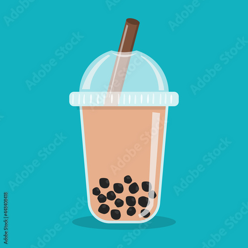 Pearl milk tea isolated on a blue background. black pearls is Taiwanese famous and popular drink  cup. vector illustration banner flat design.