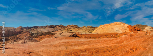 Panorama of Valley of Fire State Park, Nevada, USA, with red, pink and brown eroded rocks