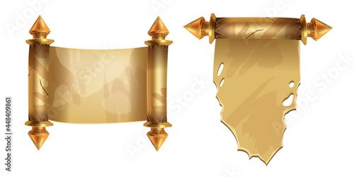 Old parchment scroll vector illustration, ancient papyrus paper, antique roll document isolated on white. Empty medieval manuscript page, history game object, brown open letter. Old dirty parchment