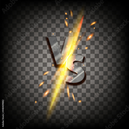 Vector VS fight game icon, versus battle duel logo, iron letters, sparkling fire on transparent background. Sport competition abstract sign, challenge symbol, energy clash. VS championship concept