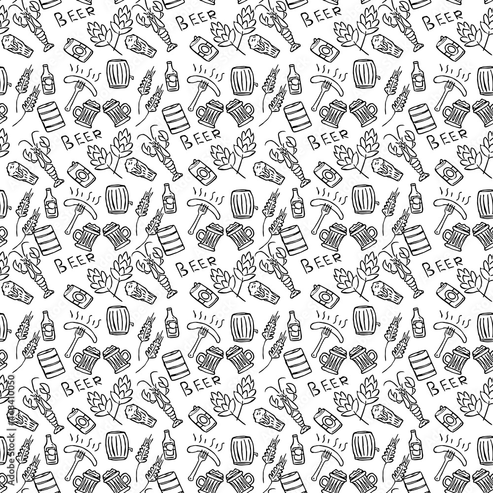 Fototapeta premium Seamless doodle pattern with beer, lobsters and sausages. vector black and white illustration with beer theme icons