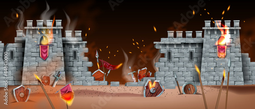 Medieval game battle background, vector battlefield war landscape, stone castle ruin wall, fire, smoke. Ancient brick tower, wooden shield, burning spear, broken sword. Ancient fight, battle banner