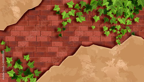 Red brick wall background, old stone texture, green ivy leaf, dirty plaster, creeper plant branch. Architecture material illustration, climber twig, exterior facade surface. Brick wall vector backdrop