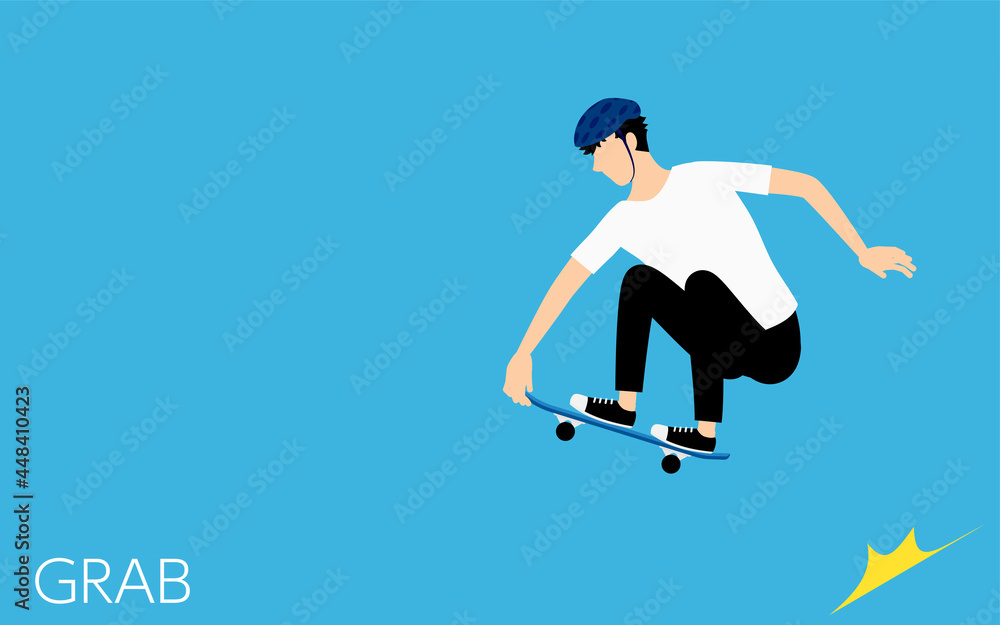 スケートボード（スケボー）のグラブ系トリック、デッキを手でつかんで飛ぶ男性.