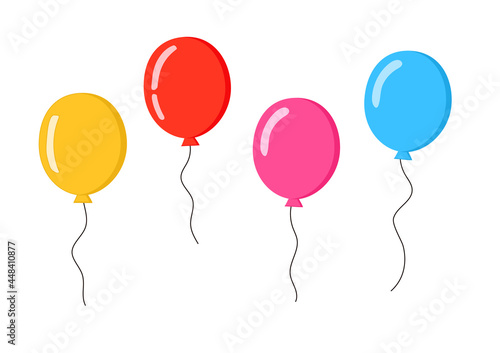 白い背景に漫画風シンプルなイエロー,レッド,ピンク,ブルーの風船