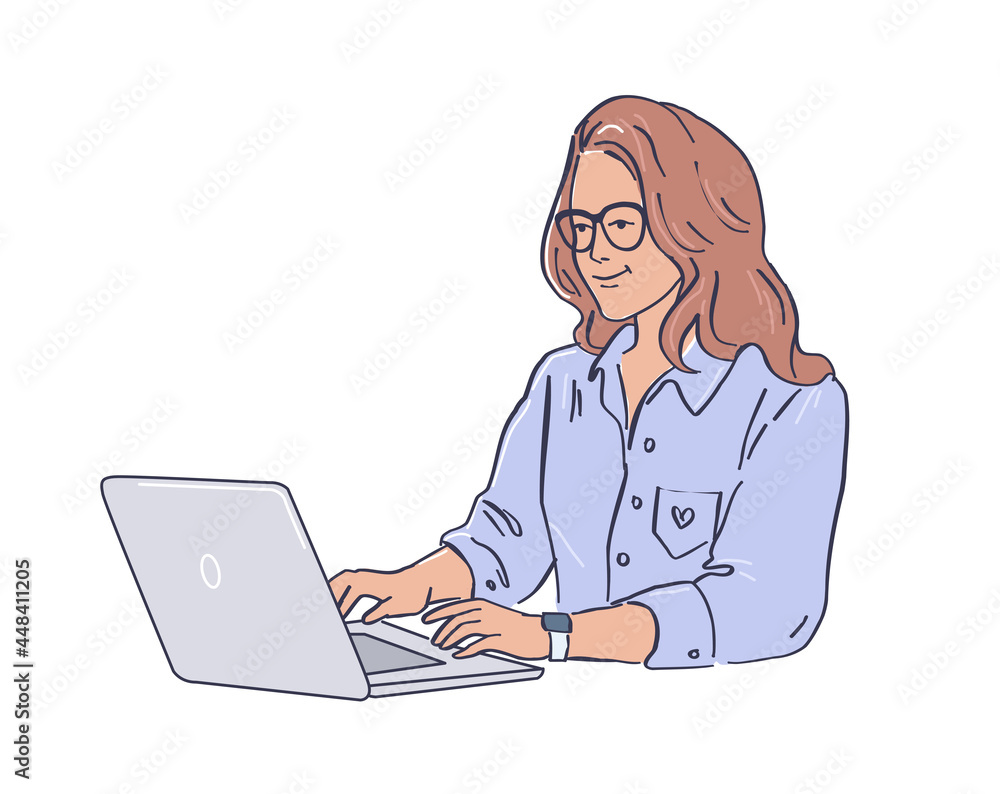 A young woman works at her laptop cartoon vector character illustration A young woman works at her laptop cartoon vector character illustration