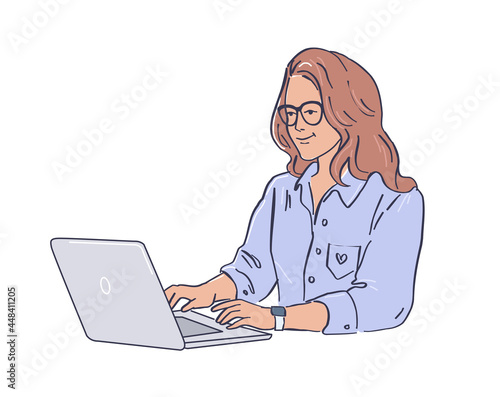 A young woman works at her laptop cartoon vector character illustration