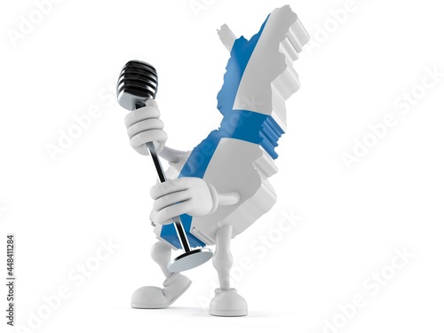 Finland character singing into microphone