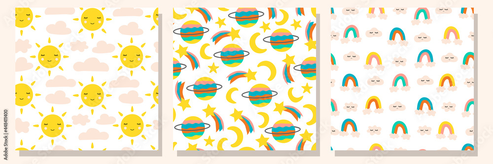 Baby sky seamless pattern set. Backgrounds with planets, rainbows, stars and clouds in nordic style and bright colors Baby sky seamless pattern set. Backgrounds with planets, rainbows, stars and clouds in nordic style and bright colors