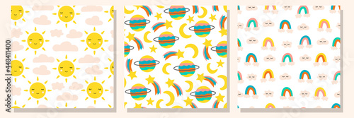 Baby sky seamless pattern set. Backgrounds with planets, rainbows, stars and clouds in nordic style and bright colors