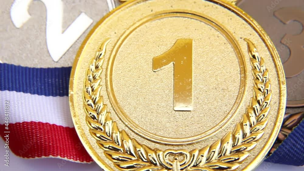 Vidéo Stock Top view of winner or champion gold silver bronze trophy ...