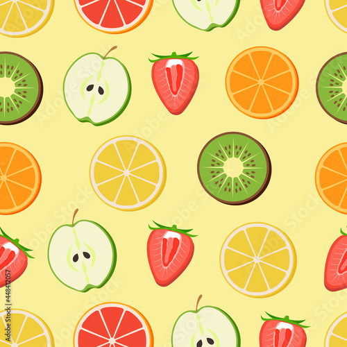seamless pattern fruit, lemon, orange, apple, kiwi, strawberry, food. Vector.