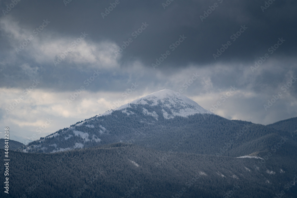 Snowy peak of mountain covered by forest during stormy weather. Travel and adventure concept Snowy peak of mountain covered by forest during stormy weather. Travel and adventure concept