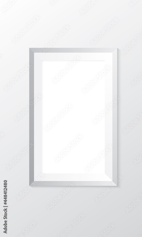 Vertical empty white frame mockup on wall illustration Vertical empty white frame mockup on wall illustration