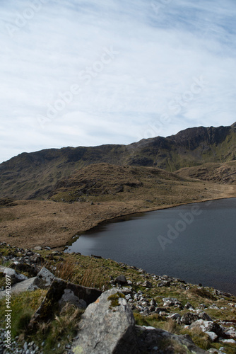 Lake view in Snowdonia national park with blue skies