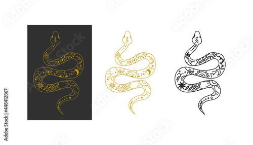 Magic serpent with esoteric symbols. Set of Snakes on white and black isolated backgrounds. Vector illustration of Rattlesnake for tattoo or icon