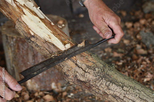 Mann beim Entrinden eines Baumstamms mit dem Zugmesser photo
